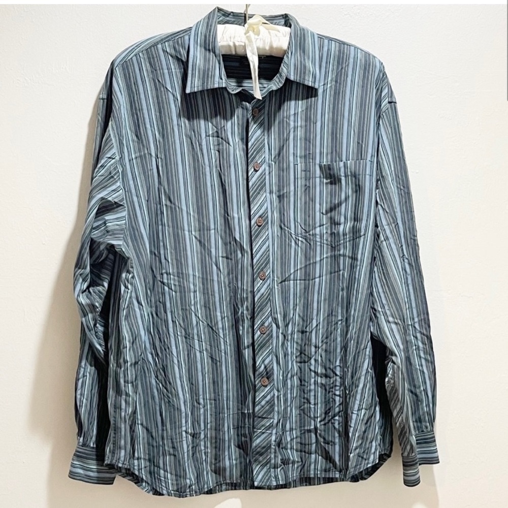 TOMMY BAHAMA Mens Blue Stripe 100% Silk Long Sleeve Dress Shirt Size XL